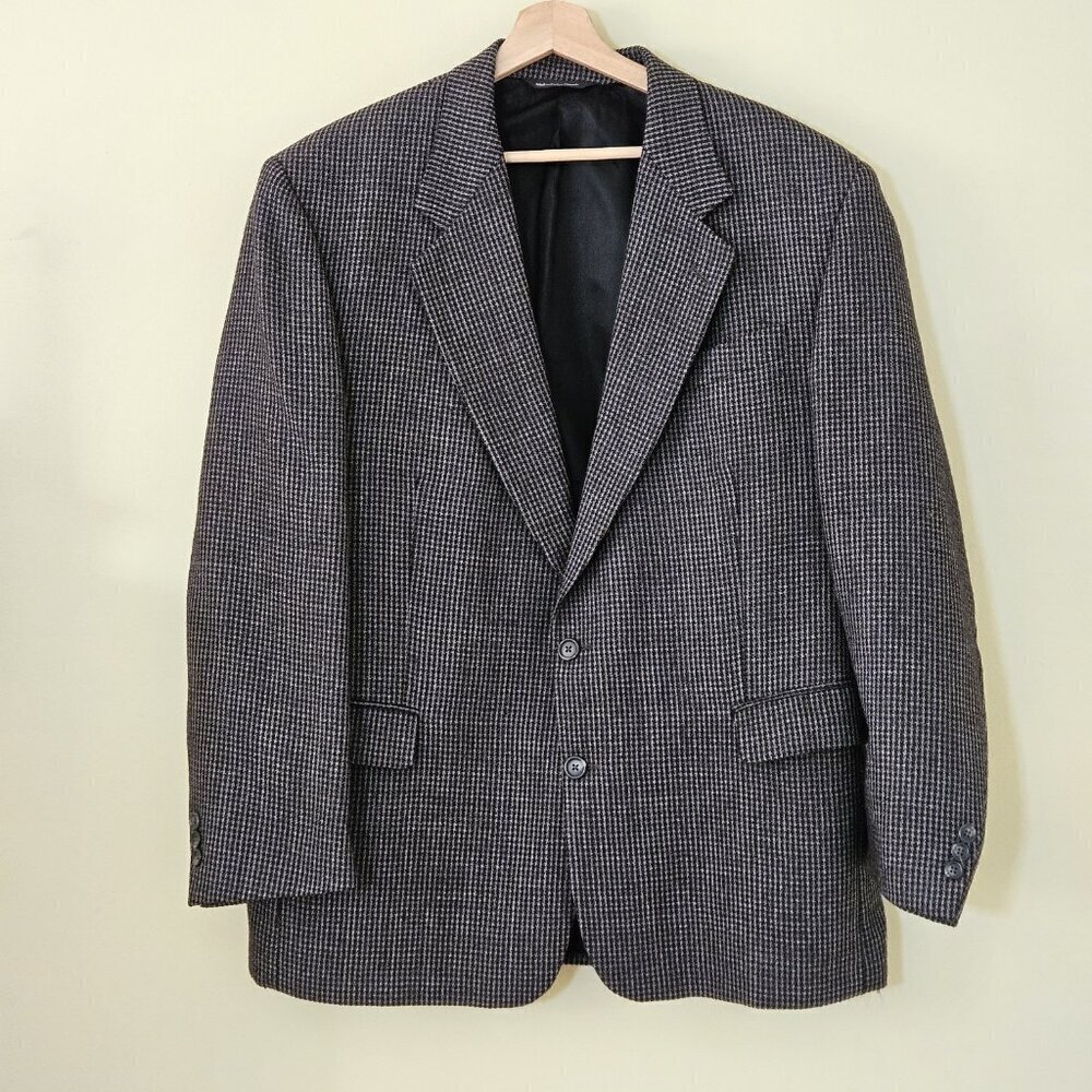 Savile Row Blazer Mens US 46 Black Gray Wool Alpaca Lined 2B Ventless Vtg FLAWS